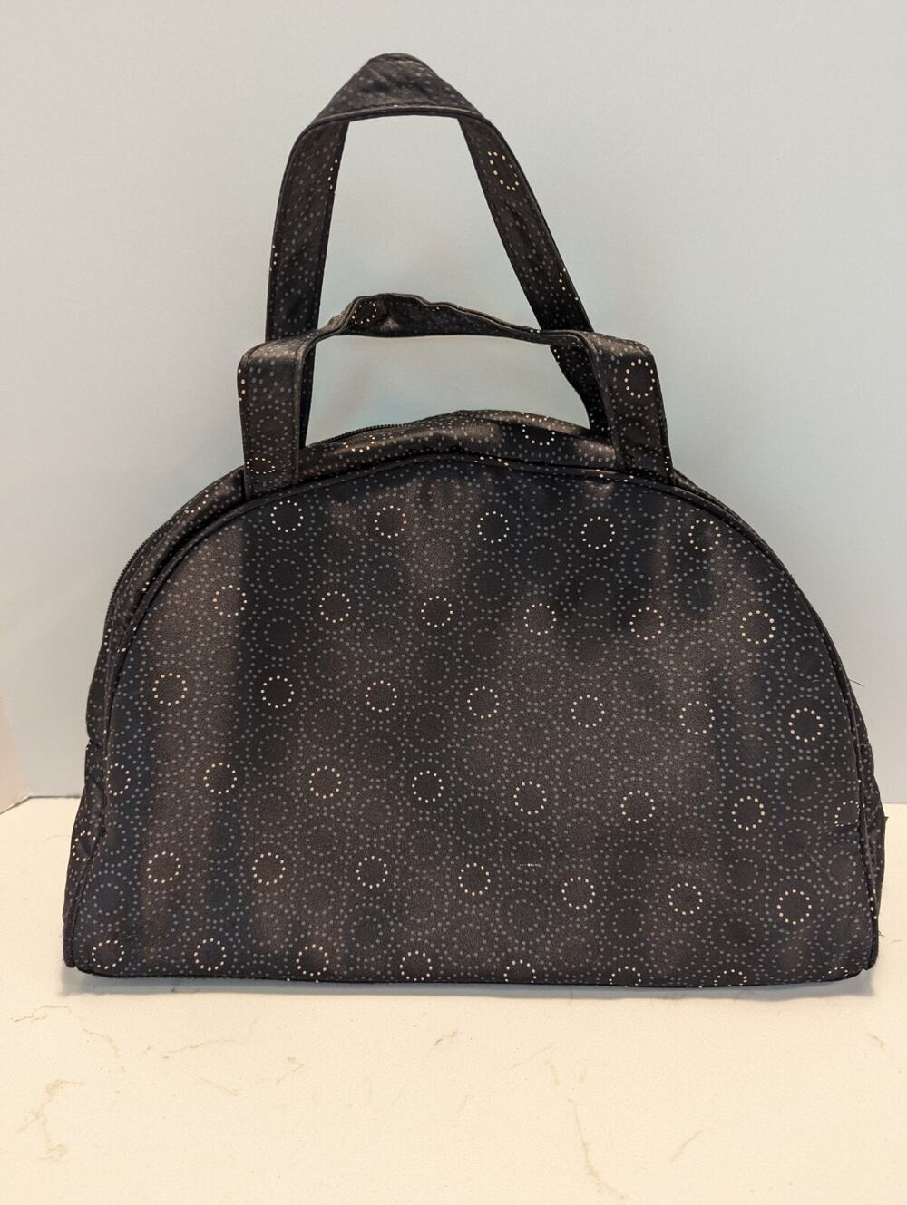 Thirty One Travel Cosmetic Bag Tote Handles Black W/ Dot Circles Design Vinyl...